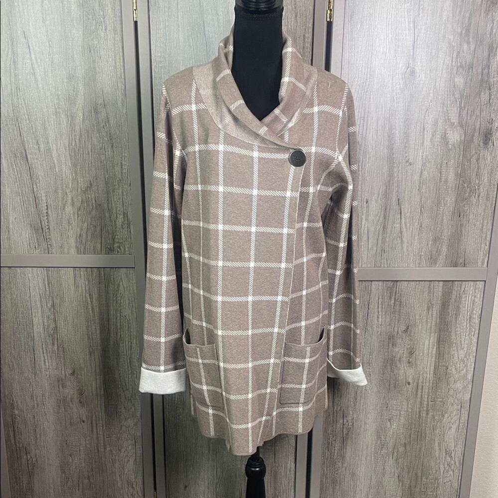 Jones & Co. taupe/cream plaid sweater jacket with pockets women's XL.